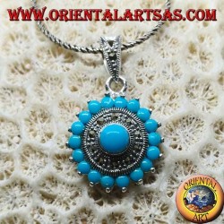 Round silver pendant with round turquoise and marcassites