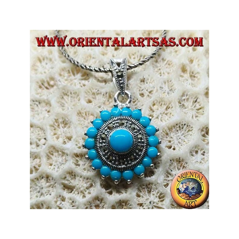 Round silver pendant with round turquoise and marcassites