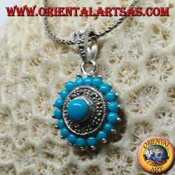 Round silver pendant with round turquoise and marcassites