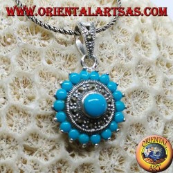 Round silver pendant with round turquoise and marcassites