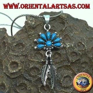 Pendentif en argent avec turquoise et 2 plumes de style amérindien
