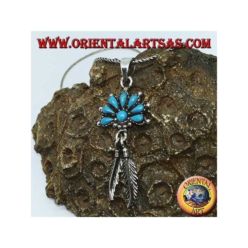 Pendentif en argent avec turquoise et 2 plumes de style amérindien