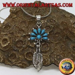 Silver pendant with turquoise and 2 Native American style feathers