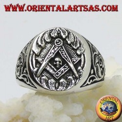 anillo de plata, símbolo Mason brújula equipo y el cráneo