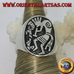Silver Kokopelli bas-relief ring, symbol of happiness