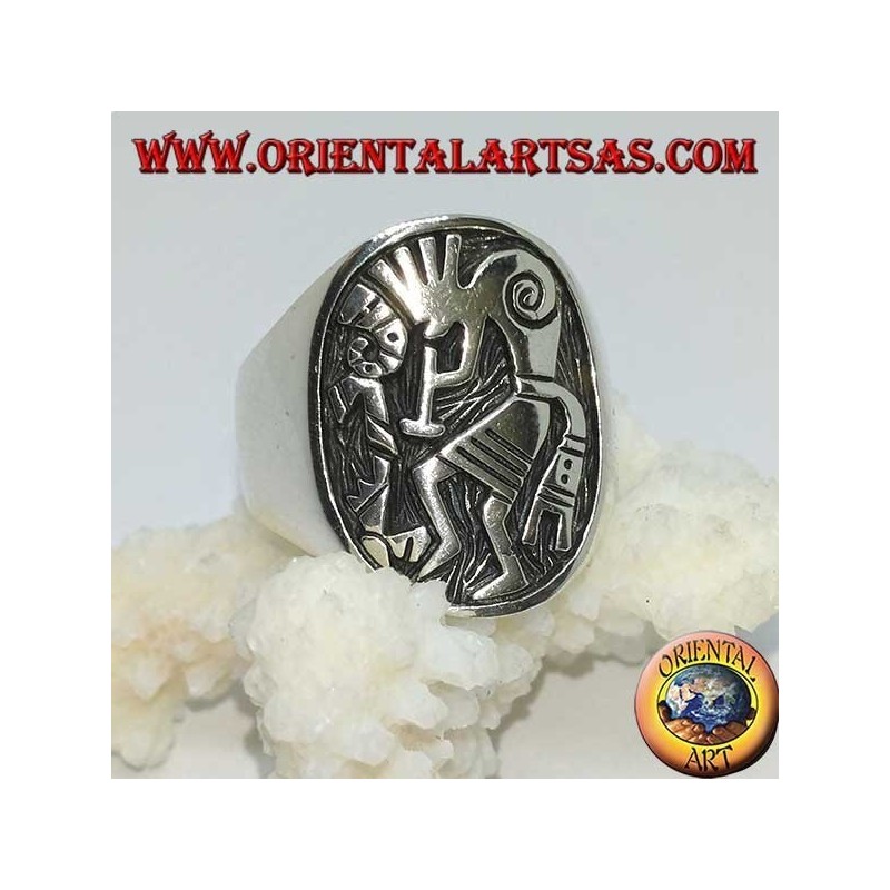 Bague en argent bas relief Kokopelli, symbole du bonheur