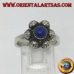 Silver flower ring with central round natural Lapis Lazuli