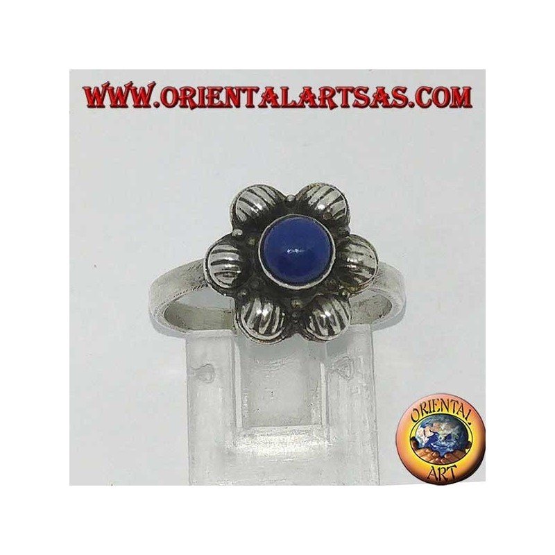 Silber Blumenring mit zentralen runden natürlichen Lapislazuli