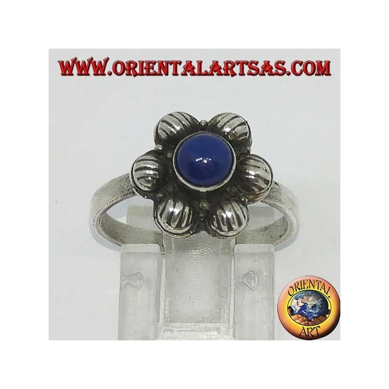 Silber Blumenring mit zentralen runden natürlichen Lapislazuli