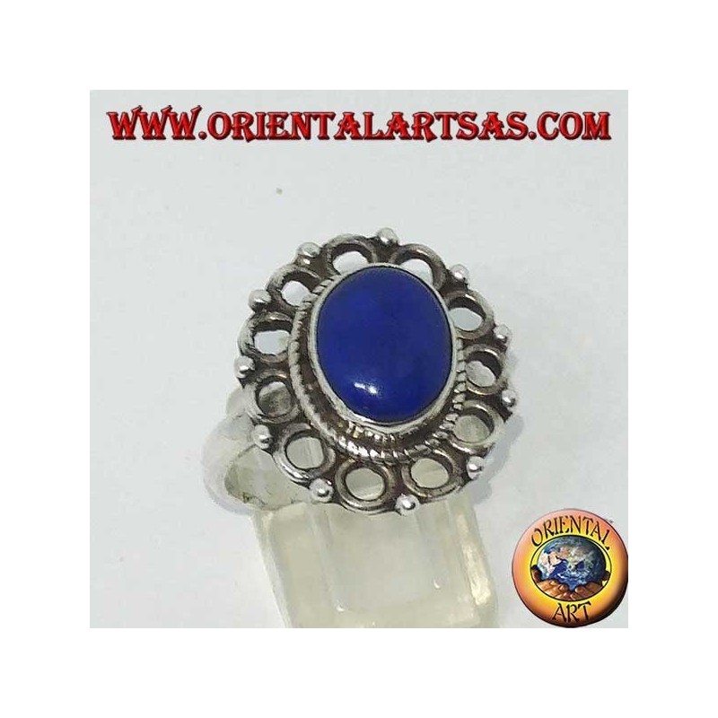 Anillo de plata con lapislázuli ovalado natural rodeado de círculos
