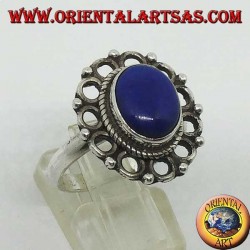 Silver ring with natural oval Lapis Lazuli surrounded by circles