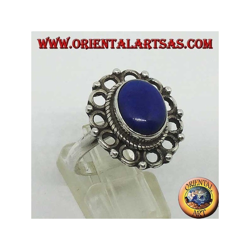 Silberring mit natürlichem ovalem Lapislazuli, umgeben von Kreisen