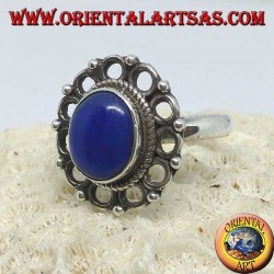 Silver ring with natural oval Lapis Lazuli surrounded by circles