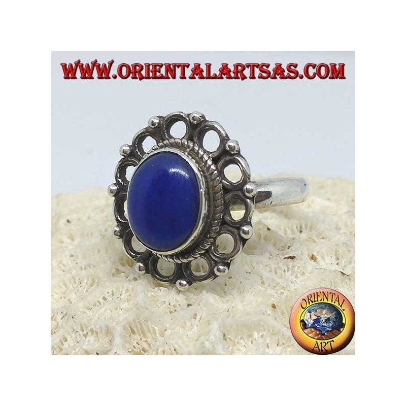 Bague en argent avec lapis-lazuli ovale naturel entouré de cercles