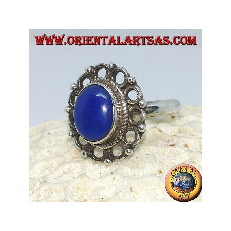 Anello in argento con Lapislazzulo ovale contornata di cerchi