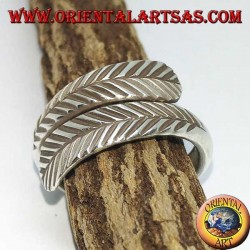 Adjustable double feather silver ring, symbol of purification