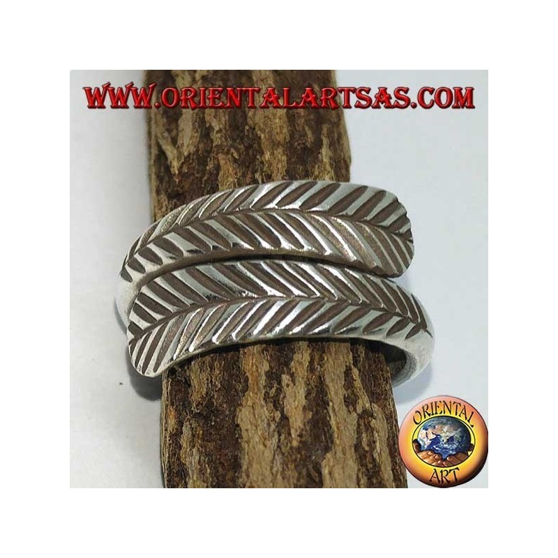Adjustable double feather silver ring, symbol of purification