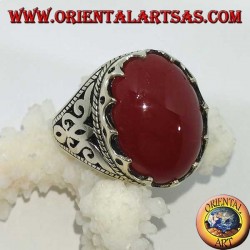 Silver ring with large oval carnelian set with triangles