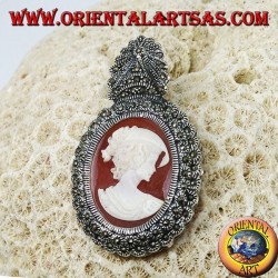 Silver brooch and pendant with lady cameo and marcasite