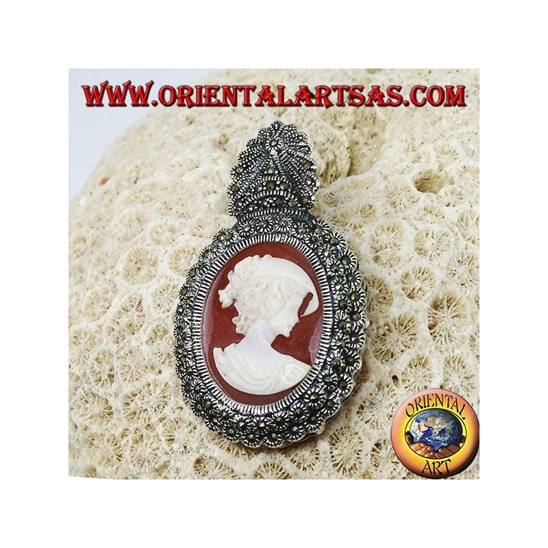 Silver brooch and pendant with lady cameo and marcasite