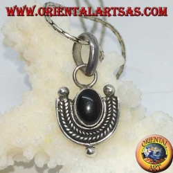 Silver pendant with oval onyx and braided silver border