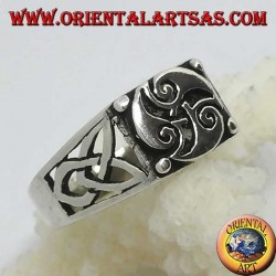 Silver ring with triskele three spirals and Tyrone knots on the sides