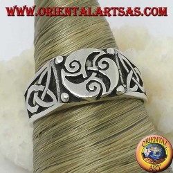 Silver ring with triskele three spirals and Tyrone knots on the sides
