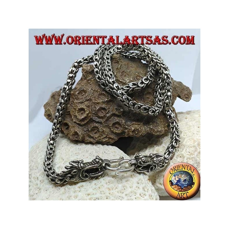 Silver necklace, dragon, two dragon heads with a mesh shirt