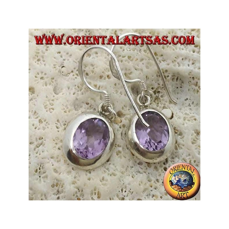 Silver earrings with natural faceted oval Amethyst set on a smooth edge