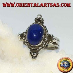 Silver ring with oval lapis lazuli, surrounded by dots