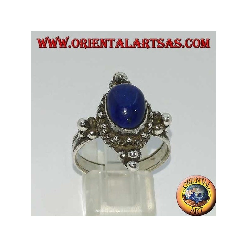 Silver ring with oval lapis lazuli, surrounded by dots