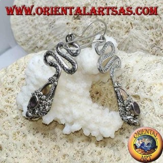 Cobra-shaped silver earrings with faceted oval Amethyst and gold foil