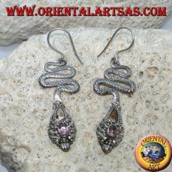 Boucles d'oreilles en argent en forme de cobra avec améthyste ovale à facettes et feuille d'or