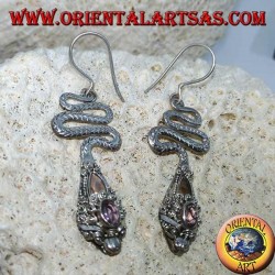 Kobraförmige Silberohrringe mit facettiertem ovalen Amethyst und Goldfolie