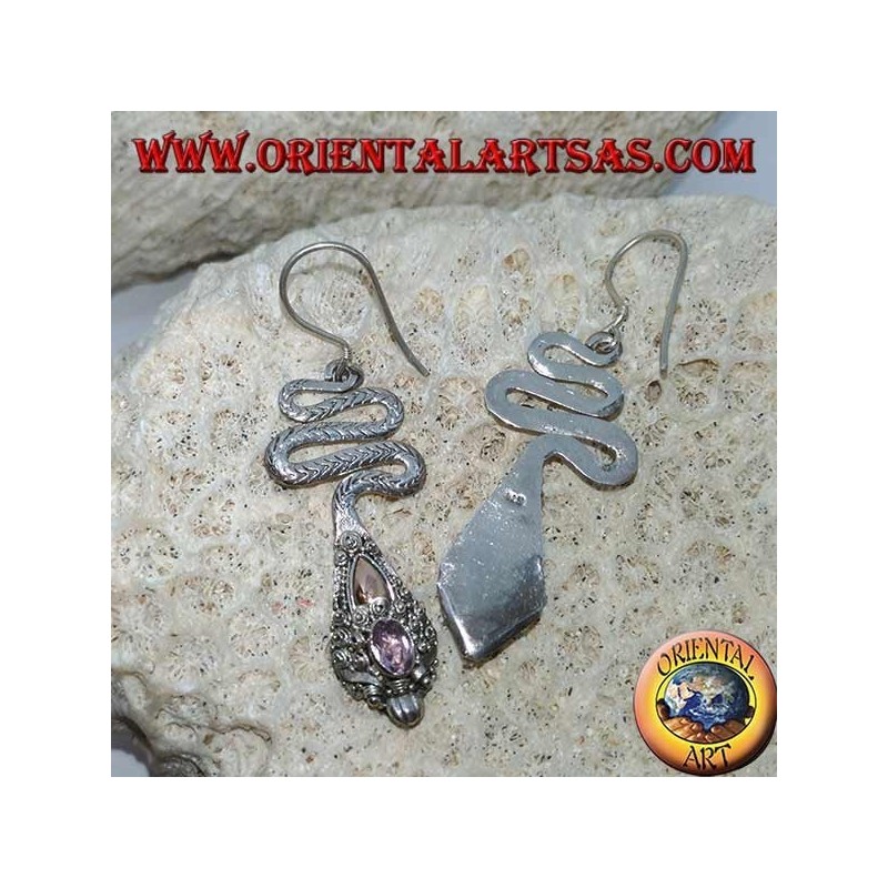 Cobra-shaped silver earrings with faceted oval Amethyst and gold foil