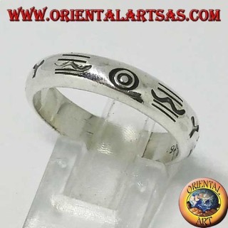 Silver band ring engraved with aboriginal symbols