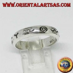Silver band ring engraved with aboriginal symbols