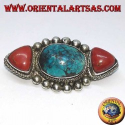 Silver brooch with two natural corals and 1 natural Tibetan turquoise