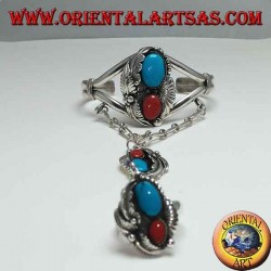 Hand-made bracelet and rigid silver ring with turquoise and coral