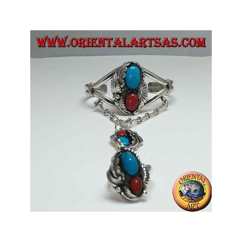 Bracciale baciamano ed anello in argento rigido con turchese e corallo
