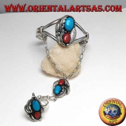 Hand-made bracelet and rigid silver ring with turquoise and coral