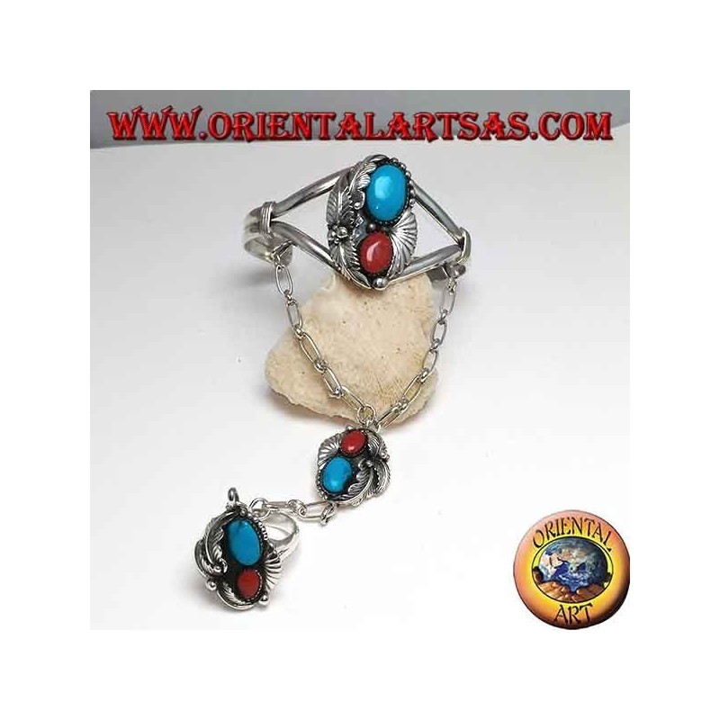 Bracelet fait main et bague rigide en argent avec turquoise et corail