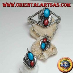 Bracelet fait main et bague rigide en argent avec turquoise et corail