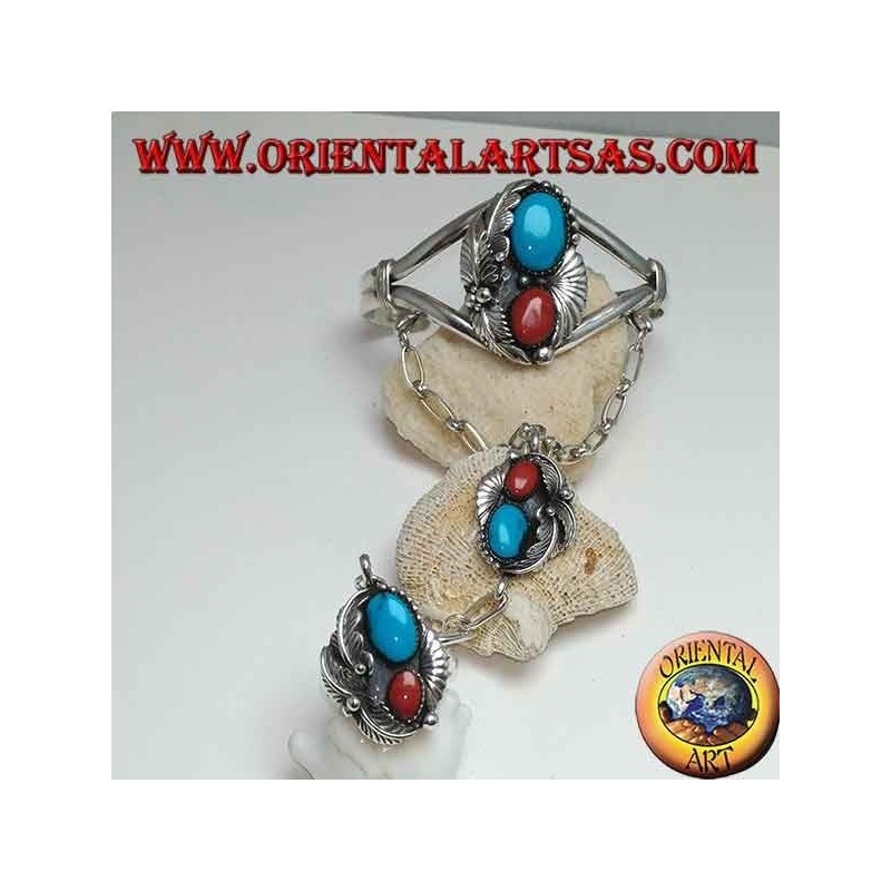 Bracelet fait main et bague rigide en argent avec turquoise et corail