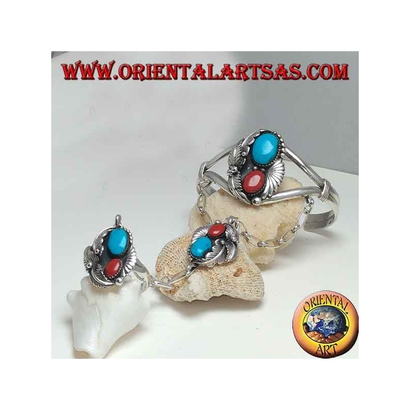 Pulsera hecha a mano y anillo rígido de plata con turquesa y coral.