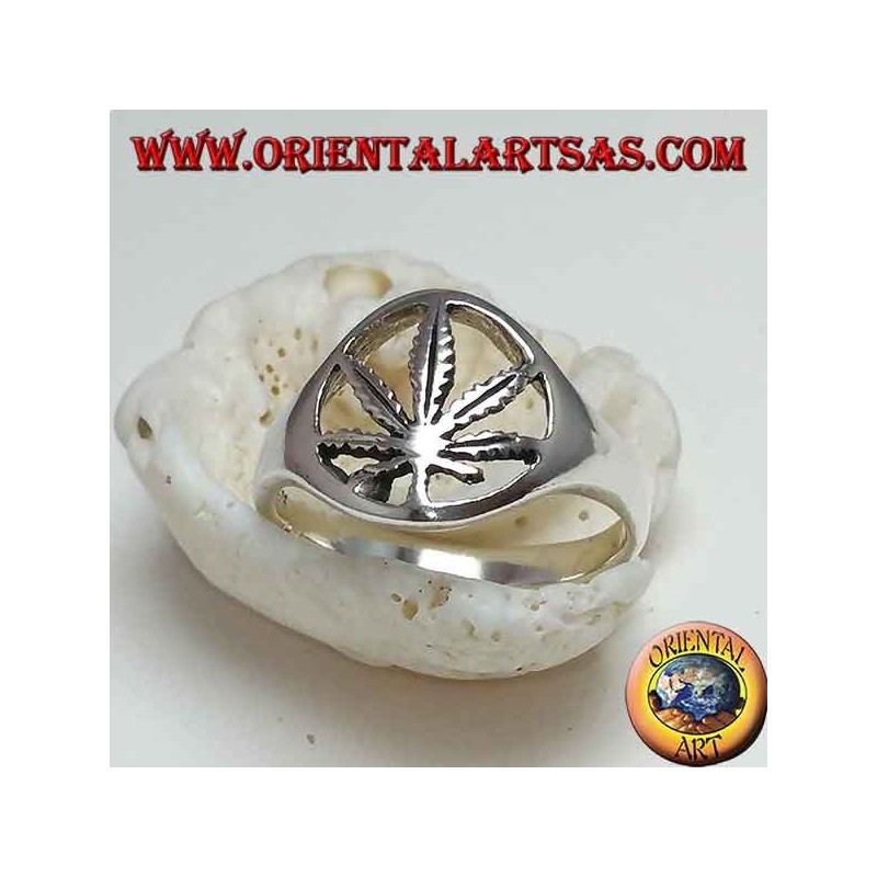 Silver ring with carved hemp leaf (marijuana)