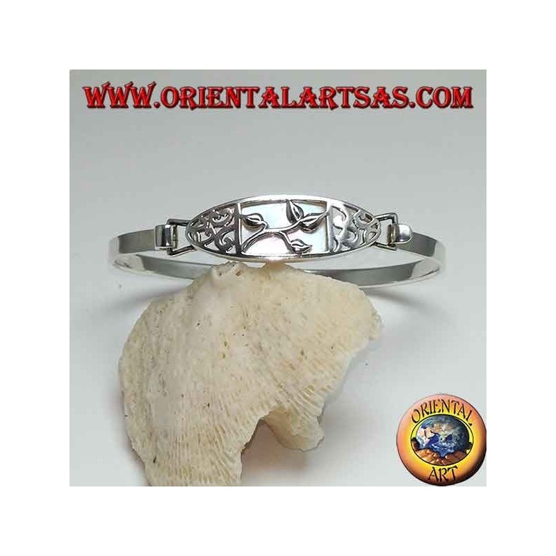 Rigid silver bracelet with floral carving and rectangular mother of pearl below