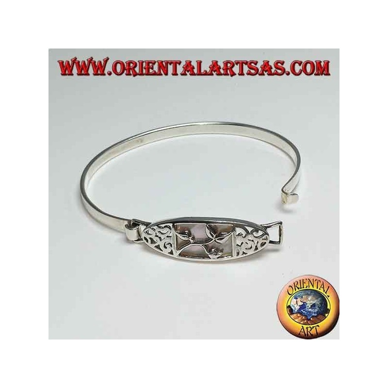 Rigid silver bracelet with floral carving and rectangular mother of pearl below