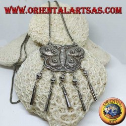 Long silver necklace with a butterfly-shaped medallion and pendants