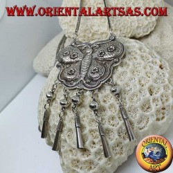 Long silver necklace with a butterfly-shaped medallion and pendants